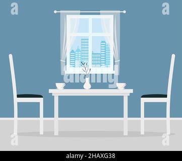 Esstisch in der Küche mit Stühlen, Tassen. Fenster mit Vorhang. Flache Cartoon-Stil Vektor-Illustration. eps 10 Stock Vektor