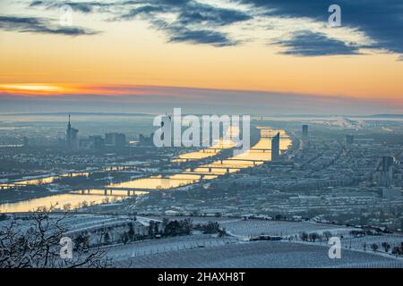 Wien, Österreich in Europa. Panoramablick auf die Stadt und die donau vom Kahlenberg bis zur schneebedeckten Stadt. Stockfoto