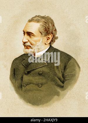 Práxedes Mateo Sagasta (1825-1903). Vorsitzender der Liberal-Progressiven Partei. Präsident des spanischen Ministerrats bei mehreren Gelegenheiten zwischen 1870 und 1902. Hochformat. Chromolithographie. 'Historia General de España' (Allgemeine Geschichte Spaniens), von Miguel Morayta. Band VIII. Madrid, 1894. Stockfoto