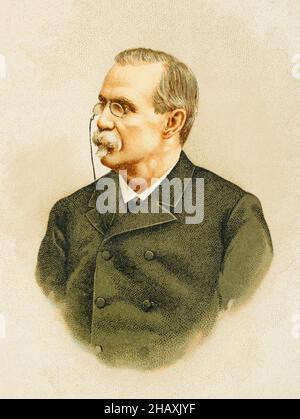 Antonio Cánovas del Castillo (1828-1897). Spanischer Politiker und Historiker. Gründer der Konservativen Partei. Hochformat. Chromolithographie. 'Historia General de España' (Allgemeine Geschichte Spaniens), von Miguel Morayta. Band VIII. Madrid, 1894. Stockfoto