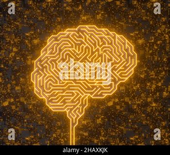 3D Illustration von künstlicher Intelligenz, Mikrochip, der ein Gehirn mit Verbindungslinien bildet. Stockfoto