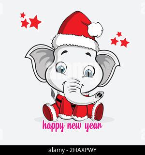 Lächelnd niedliches Baby Elefant Weihnachtsmann mit glücklichem Neujahr Schriftzug. Stock Vektor