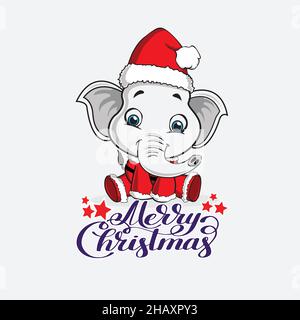 Lächelnd niedliches Baby Elefant Weihnachtsmann mit glücklichem Neujahr Schriftzug. Stock Vektor