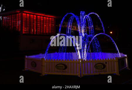 Bournemouth, Dorset, Großbritannien. Dezember 2021. Besucher, Familien und begeisterte Kinder strömen an einem milden Abend in die Bournemouth Gardens, um das Bournemouth Christmas Tree Wonderland mit mehr als 100 glitzernden Bäumen und Lichtern zu erleben. Einige der Bäume repräsentieren sechs Städte auf der ganzen Welt. Besucher können dem Weg folgen. Quelle: Carolyn Jenkins/Alamy Live News Stockfoto