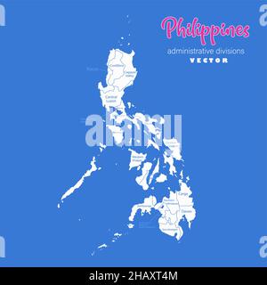Philippinen Karte, Verwaltungseinheiten mit Namen Regionen, blauer Hintergrund Vektor Stock Vektor