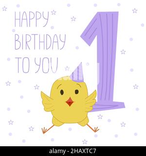 Alles Gute zum Geburtstag. Grußkarte für 1 Jahre. Niedliche Vektor-flache Illustration eines Hähnchens mit einem gratulierenden Schriftzug. 1 Jahre Geburtstagskarte für ein Mädchen. Stock Vektor