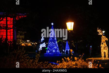 Bournemouth, Dorset, Großbritannien. Dezember 2021. Besucher, Familien und begeisterte Kinder strömen an einem milden Abend in die Bournemouth Gardens, um das Bournemouth Christmas Tree Wonderland mit mehr als 100 glitzernden Bäumen und Lichtern zu erleben. Einige der Bäume repräsentieren sechs Städte auf der ganzen Welt. Besucher können dem Weg folgen. Quelle: Carolyn Jenkins/Alamy Live News Stockfoto