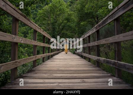 Rückansicht einer unkenntlich Reisenden Frau, die auf einer hölzernen Fußgängerbrücke über den Fluss Mao in Galicia Sacra in Spanien geht Stockfoto