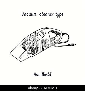 Staubsauger Typ Handheld. Tusche schwarz-weiße Doodle Zeichnung im Holzschnitt-Stil. Stockfoto