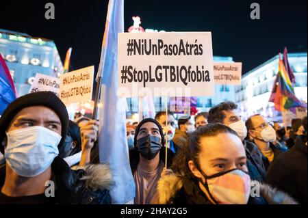 Madrid, Spanien. 15th Dez 2021. Bei einem Protest zur Verteidigung der Rechte des Kollektivs LGTBI versammeln sich Menschen mit Plakaten und Fahnen an der Puerta del Sol. Der Protest wurde organisiert, als bekannt wurde, dass der Vorschlag für das Gleichstellungsgesetz der rechtsextremen Partei VOX in einer ihrer Sektionen die Aufhebung der beiden Gesetze beinhaltete, die dieses Kollektiv bereits schützen und die am 16. Dezember auf der Madrider Versammlung abgestimmt werden. Quelle: Marcos del Mazo/Alamy Live News Stockfoto