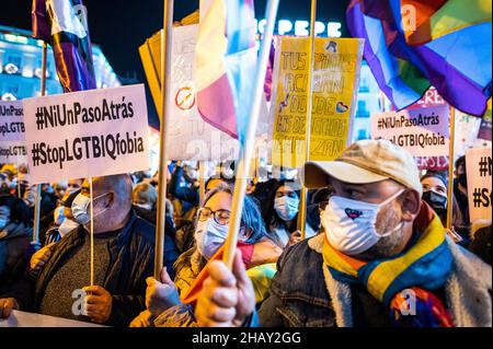 Madrid, Spanien. 15th Dez 2021. Bei einem Protest zur Verteidigung der Rechte des Kollektivs LGTBI versammeln sich Menschen mit Plakaten und Fahnen an der Puerta del Sol. Der Protest wurde organisiert, als bekannt wurde, dass der Vorschlag für das Gleichstellungsgesetz der rechtsextremen Partei VOX in einer ihrer Sektionen die Aufhebung der beiden Gesetze beinhaltete, die dieses Kollektiv bereits schützen und die am 16. Dezember auf der Madrider Versammlung abgestimmt werden. Quelle: Marcos del Mazo/Alamy Live News Stockfoto