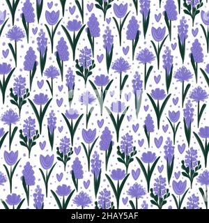 Florales Nahtmuster mit lila Blüten. Aquarell lila Blüten. Stockfoto