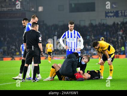 Brighton, Großbritannien. 15th Dez 2021. Marcal von Wolverhampton Wanderers wird während des Premier League-Spiels zwischen Brighton & Hove Albion und Wolverhampton Wanderers am 15th 2021. Dezember beim Amex in Brighton, England, behandelt. (Foto von Jeff Mood/phcimages.com) Quelle: PHC Images/Alamy Live News Stockfoto