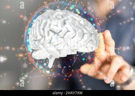 Die Hand der Person berührt die 3D gerenderte Künstliche Intelligenz Stockfoto