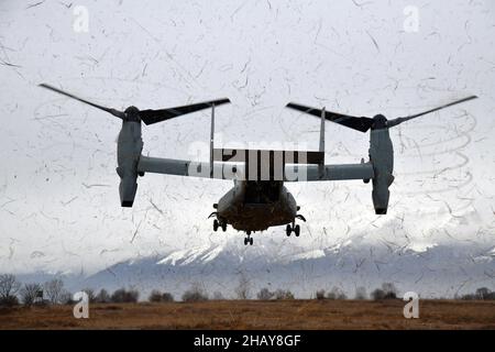 Ein Marine Corps MV-22 Osprey hebt mit Fallschirmjägern der US-Armee ab, die 1st Bataillons, 503rd Fallschirmjägern-Infanterie-Regiment, 173rd Luftbrigade während eines Luftangriffs auf Dandolo Range in Pordenone, Italien, zugewiesen wurden, 09. Dezember 2021. Dieses Training bestätigt, dass ein Zug das entscheidende Element für die Nord- und Westafrika-Einsatztruppe ist, eine Mission der US-Armee in Südeuropa, Afrika. Die 173rd Airborne Brigade ist die U.S. Army Contingency Response Force in Europa, die in der Lage ist, einsatzbereite Truppen überall in den Verantwortungsbereichen der US-amerikanischen Kommandos Europa, Afrika oder Central Commands zu projizieren Ar Stockfoto