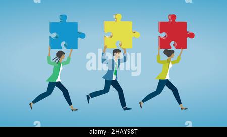 Geschäftsleute, die mit Puzzleteilen laufen. Vektorgrafik. Dimension 16:9, oder verwenden Sie es als Sammlung. EPS10. Stock Vektor