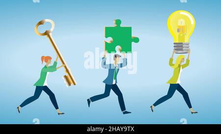 Geschäftsleute, die mit Lösungsobjekten arbeiten. Vektorgrafik. EPS10. Dimension 16:9, oder verwenden Sie es als Sammlung. Stock Vektor