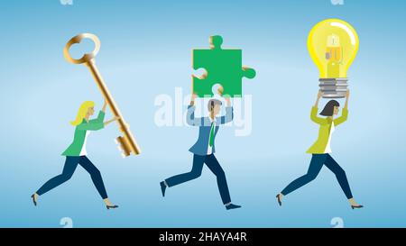 Geschäftsleute, die mit Lösungsobjekten arbeiten. Vektorgrafik. EPS10. Dimension 16:9, oder verwenden Sie es als Sammlung. Stock Vektor