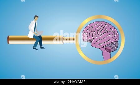 Konzentrieren Sie sich auf das Gehirn. Wissenschaftler, Forscher, Arzt, Gesundheitsfürsorge Menschen sitzen auf goldener Lupe. Vektorgrafik. EPS10. Dimension 16:9. Stock Vektor