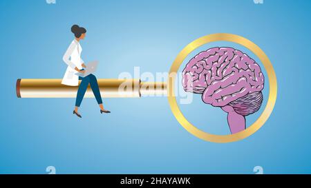 Konzentrieren Sie sich auf das Gehirn. Frau, Wissenschaftlerin, Studentin, Forscherin, die auf einer goldenen Lupe sitzt. Gehirn in der Linse. Vektorgrafik. EPS10. Dimension 16:9. Stock Vektor