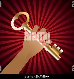 Hand mit dem goldenen Schlüssel. Roter Sonnenstrahl im Hintergrund. Vektorgrafik. EPS10. Stock Vektor
