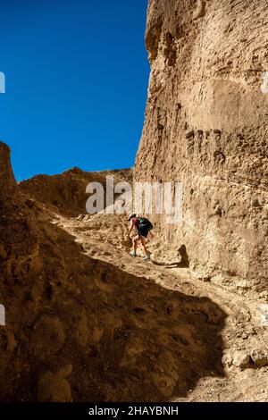 Wanderer Erklimmt Den Trail Durch Die Rote Kathedrale Im Death Valley National Park Stockfoto