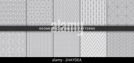 Set von geometrischen nahtlose Muster mit Streifen Linien graue Textur auf weißem Hintergrund modern stilvoll Stock Vektor