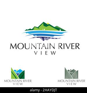 Schlichtes, modernes und hochwertiges Logo mit Blick auf die Berge und den Fluss Stock Vektor