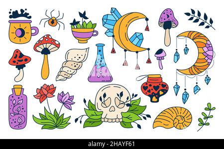 Mystic Umriss Set, Hexerei Symbole Kristalle, Schale, Mond, Schädel. Zauberer Doodle Zeichen Alchemie und esoterisch. Spirituelle Boho handgezeichnete Elemente. Für Tattoo, Aufkleber, okkulten Hexenvektor drucken Stock Vektor
