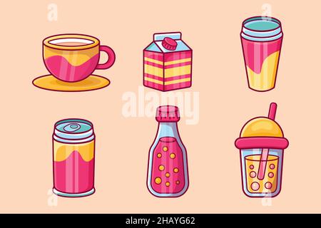 beere, Getränk, Flasche, Bubble Tea, Cappuccino, Cartoon, Schokolade, Kaffee, Cola, kalt, Sammlung, bunt, Tasse, niedlich, Design, Trinken, Wasser trinken, Stock Vektor