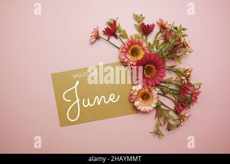 Willkommen Juni Typografie Text mit Blumen auf rosa Hintergrund Stockfoto