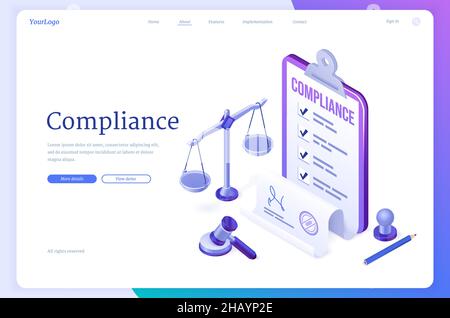 Compliance isometrische Landing Page, Konzept von Business Policy Dokumenten für rechtliche gesetzliche Regulierung Qualität und Verfahren mit Dokumentskalen, Gavel, Siegelstempel und Bleistift, 3D Vektor-Webbanner Stock Vektor