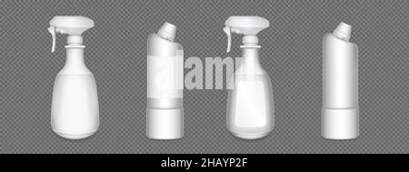 Flaschen für Haushaltschemikalien, Reinigungsmittel, Toiletten- oder Glasreiniger 3D Vektormockup. Realistische leere Kunststoffverpackungen, weiße Röhrchen mit flüssigem Fleckentferner, antibakterielles Reinigungsmittel isoliert Stock Vektor