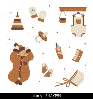 Boho Babypflegeobjekte. Niedliches schlafend Neugeborenes. Vintage Holzspielzeug für Kinder. Handgezeichnete Elemente für die Einrichtung im Kinderzimmer. Vektorgrafik in flacher Form Stock Vektor