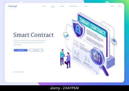 Smart Contract isometrische Landing Page. Konzept der elektronischen Signatur, Blockchain-Krypto-Technologie. Geschäftsleute Handshake auf riesigen Tablet mit digitalen Online-E-Vertrag Dokument 3D Vektor-Web-Banner Stock Vektor