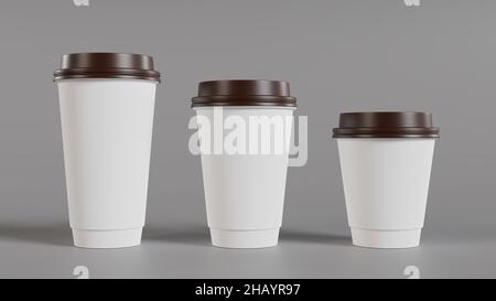 Kaffeebecher aus Papier ohne Markenaufdruck in drei Größen. 3D Rendering-Illustration. Stockfoto