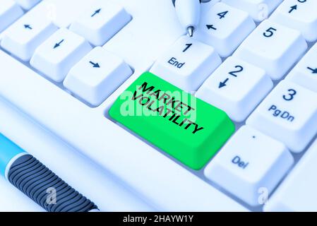 Schreiben mit Text Marktvolatilität. Konzeptionelles Foto, das den Wertpapierpreisen zugrunde liegt, schwankt Stabilitätsstatus beim Tippen schwieriger Programmcodes Stockfoto
