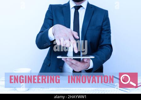 Schild mit der Anzeige „Engineering Innovation“. Schaufensterprozess für Unternehmen in logischer und mathematischer Form, die Kommunikationstechnologie präsentiert Stockfoto