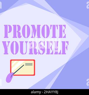 Melden Sie sich an und werben Sie für sich selbst. Internet-Konzept-Markt und andere vorstellen Verbesserung Ermuntern Sie Kartenziehen mit Hand zeigen Stick auf klein Stockfoto