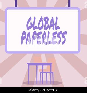 Schreiben mit Text Global Paperless. Konzept bedeutet, für Technologie-Methoden wie E-Mail statt Papier Blank Whiteboard mit Laptop platziert Stockfoto