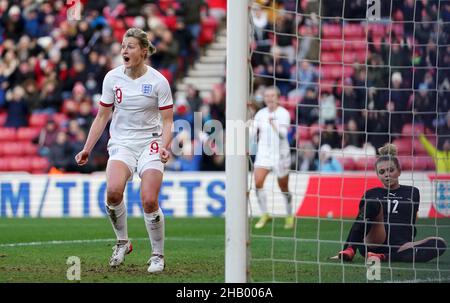 Fileboto vom 27-11-2021 der Engländerin Ellen White, die ihr 100th-Cap mit der Siegerin markierte, als England im Stadium of Light einen Qualifikationssieg der Frauen im Weltcup 1-0 über Österreich sicherte. Ausgabedatum: Donnerstag, 16. Dezember 2021. Stockfoto