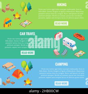 Webbanner für Reisen. Camping-Objekte im Vektor-isometrischen Stil. Flaches 3D-isometrisches Design. Familienurlaub, Wandern, Picknick, Autofahren. Zeltplatz in Stock Vektor