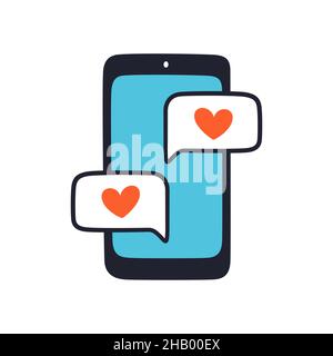 Telefon mit Botschaften der Liebe. Handgezeichnetes niedliches Smartphone mit Herzen. Liebeserklärung. Handgezeichnete Nachricht am Valentinstag. Vektorgrafik Stock Vektor