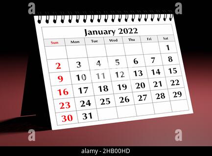Eine Seite des monatlichen Jahreskalenders. Datum - Monat Januar 2022. 3D Rendern Stockfoto