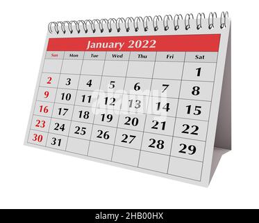 Eine Seite des monatlichen Jahreskalenders. Datum - Monat Januar 2022. 3D Rendern Stockfoto