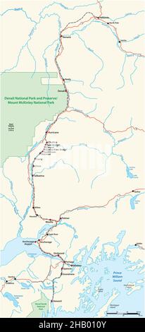 Eisenbahnkarte Fairbanks nach Seward, Alaska, USA Stock Vektor