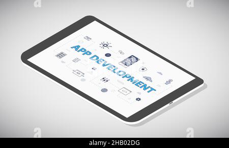 Entwicklungskonzept für mobile Apps auf dem Tablet-Bildschirm mit isometrischer vektorgrafik im 3D-Stil Stockfoto