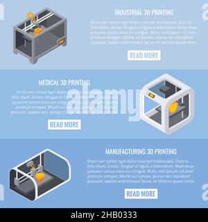 3D Druckanwendungen Vektor horizontales Bannerset. Industrie, Medizin und Fertigung 3D Druckkonzept Design-Elemente, Website-Vorlagen. F Stock Vektor