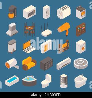 Vector Smart Home-Symbolsatz. Flache isometrische Haushaltsgeräte, Computergeräte und Möbelsymbole, Designelemente. Stock Vektor