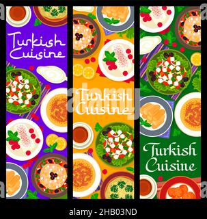 Türkische Küche mit Spruchbändern mit Gerichten und Mahlzeiten, Vektor-Truthahn-Dinner und Mittagsmenü. Türkische Küche und Istanbuler Küchengerichte, Kuttelsuppe und Karr Stock Vektor